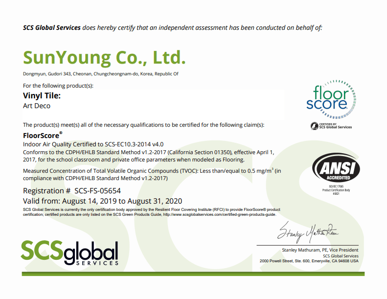 Certificate SCS Global Services jual lantai vinyl roll bersertifikat